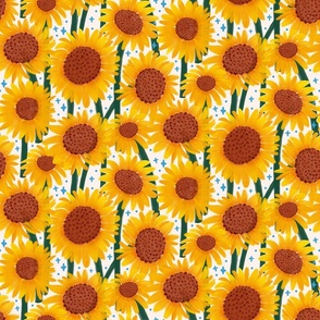 Sunflowers - yellow, green, light blue and white background 