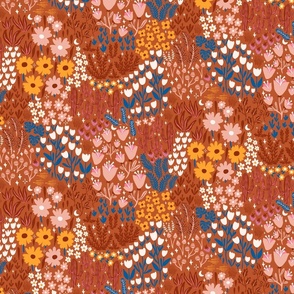 Secret garden - ditsy floral -brown , blue, yellow, off white, coral