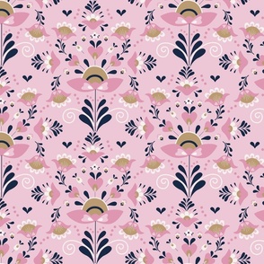 Folsky Floral Composition  - blush  , beige , deep blue, off white  and pink