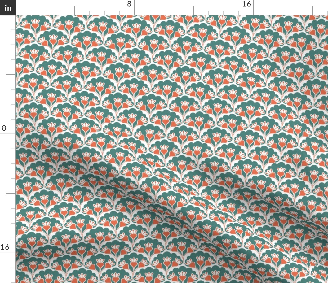 floral pattern, orange-red and emerald green, mini 