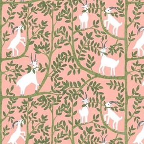 small - Happy goat-together in trees - reworked - pink/green 