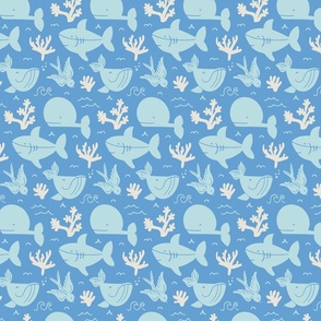 Whales, sharks and corals - light blue and off white 
