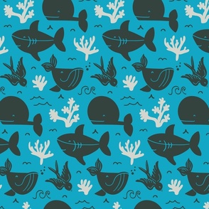 Whales, sharks and corals - light grey, black and turquoise