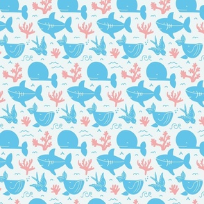 Whales, sharks and corals -  light blue, pink and off white