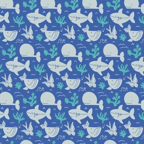 Whales, sharks and corals - blue, teal and light grey
