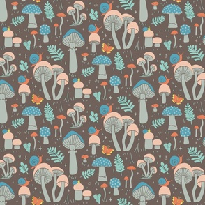 Fungi Forest - brown, gray , turquoise, orange, coral