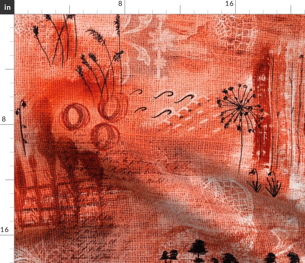 Mixed media painterly abstract landscape with handdrawn lace, grass seeds, vintage book paper over hessian burlap faux texture in warm colours 24”  repeat red pink hues