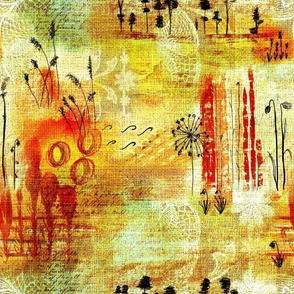 Mixed media painterly abstract landscape with handdrawn lace, grass seeds, vintage book paper over hessian burlap faux texture in warm colours 24” repeat  warm colours with tints of green 