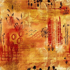 Mixed media painterly abstract landscape with handdrawn lace, grass seeds, vintage book paper over hessian burlap faux texture in warm colours 24” repeat orange vibrant mustard yellow
