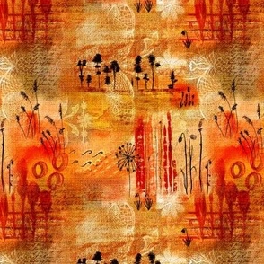 Mixed media painterly abstract landscape with handdrawn lace, grass seeds, vintage book paper over hessian burlap faux texture in warm colours 6” repeat orange vibrant mustard yellow