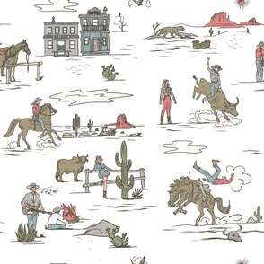 VINTAGE COWBOYS AND COWGIRLS - MUTED, LIMITED COLORS ON WHITE, LARGE SCALE