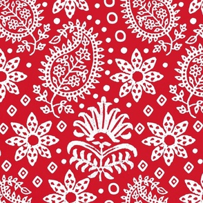 Vintage Indian Blockprint Pattern Charming Nostalgic Boho Style  White On Red Large Scale