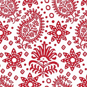 Vintage Indian Blockprint Pattern Charming Nostalgic Boho Style  Red On White Large Scale 