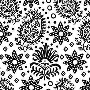 Vintage Indian Blockprint Pattern Charming Nostalgic Boho Style Black On White Large Scale