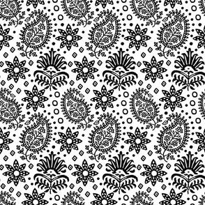 Vintage Indian Blockprint Pattern Charming Nostalgic Boho Style Black On White Medium Scale