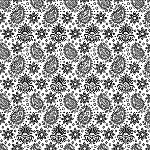 Vintage Indian Blockprint Pattern Charming Nostalgic Boho Style Black On White Smaller Scale