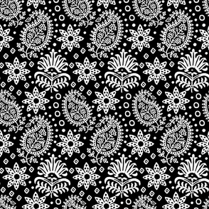 Vintage Indian Blockprint Pattern Charming Nostalgic Boho Style White On Black Medium Scale
