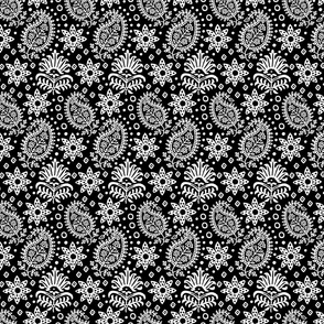 Vintage Indian Blockprint Pattern Charming Nostalgic Boho Style White On Black Smaller Scale