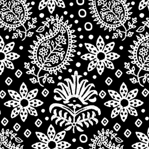 Vintage Indian Blockprint Pattern Charming Nostalgic Boho Style White On Black Large Scale