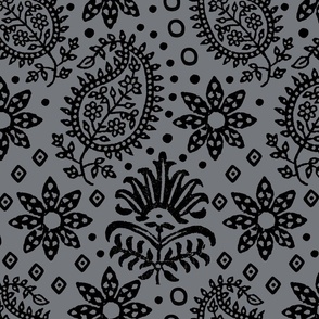 Vintage Indian Blockprint Pattern Charming Nostalgic Boho Style Black On Grey Large Scale