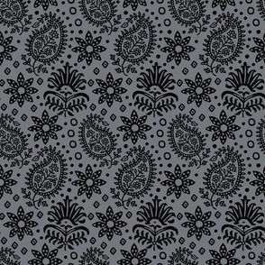 Vintage Indian Blockprint Pattern Charming Nostalgic Boho Style Black On Grey Medium Scale