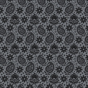 Vintage Indian Blockprint Pattern Charming Nostalgic Boho Style Black On Grey Smaller Scale