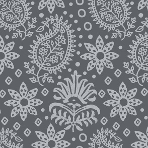 Vintage Indian Blockprint Pattern Charming Nostalgic Boho Style In Grey Large Scale