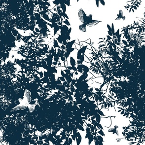 Tree Canopy with Birds in Navy & White