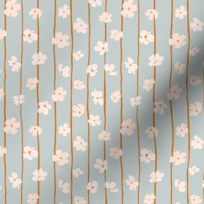 (S) Peach flowers on green and orange vertical stripes background