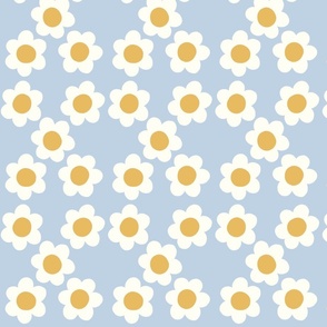 Medium Flower power daisy - white and yellow flowers on Fog light blue - 60s  70s floral - groovy retro vintage inspired fabric  wallpaper