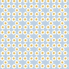 Small Flower power daisy - white and yellow flowers on Fog light blue - 60s  70s floral - groovy retro vintage inspired fabric  wallpaper