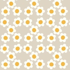 Medium Flower power daisy - white and yellow flowers on Chalk dirty white - 60s  70s floral - groovy retro vintage inspired fabric  wallpaper