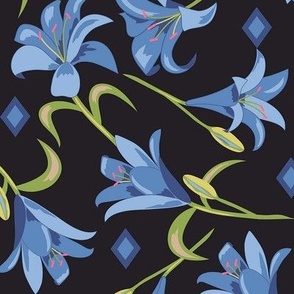 Lilies Blue on Black Large 12"