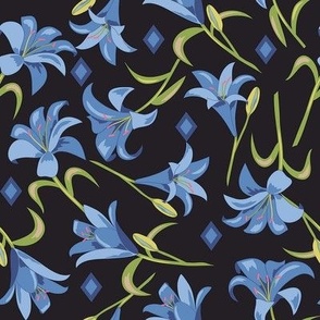 Lilies Blue on Black Medium 8"