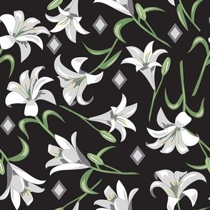 Lilies White  on Black Medium 8"