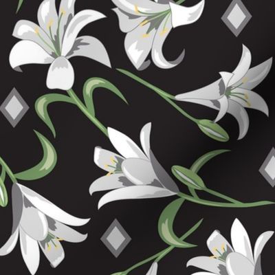 Lilies White  on Black  Large 12"