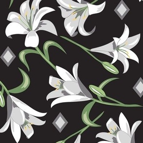 Lilies White  on Black  Large 12"