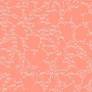 large-Monochrome peach orange loose florals embossed on tiny chevron textured background