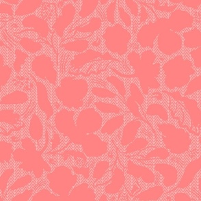 large-Monochrome warm coral pink loose florals embossed on tiny chevron textured backround