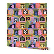 Colorful Dogs looking out of their houses.  Poodle, French bull dog, Beagle, Great dane, husky, Scottie and Dalmatian MEDIUM