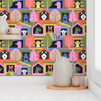 Colorful Dogs looking out of their houses.  Poodle, French bull dog, Beagle, Great dane, husky, Scottie and Dalmatian MEDIUM