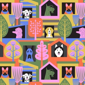 Colorful Dogs looking out of their houses.  Poodle, French bull dog, Beagle, Great dane, husky, Scottie and Dalmatian MEDIUM