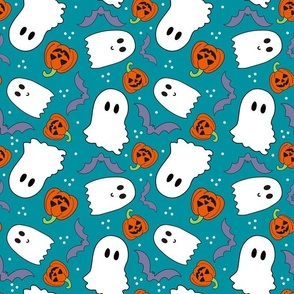 Large Scale Funny Halloween Ghosts Pumpkins Bats on Turquoise