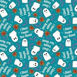 Small Scale I Ghost People Year Round Funny Halloween Ghosts Pumpkins Bats on Turquoise Blue