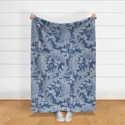 Autumnal Oak Leaves and Acorns- Victorian Fall- Thanksgiving Table Cloth-  William Morris Inspired Autumn- Arts and Crafts- Calming Blues- Monochromatic Navy Blue- Indigo Blue- Extra Large