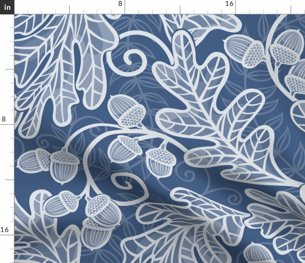 Autumnal Oak Leaves and Acorns- Victorian Fall- Thanksgiving Table Cloth-  William Morris Inspired Autumn- Arts and Crafts- Calming Blues- Monochromatic Navy Blue- Indigo Blue- Extra Large