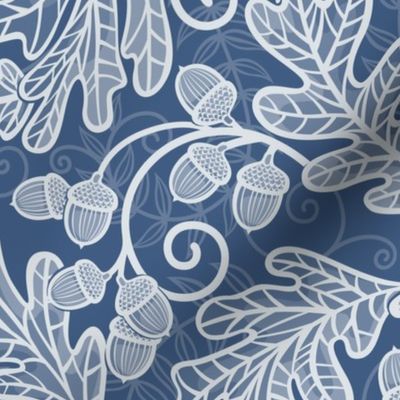 Autumnal Oak Leaves and Acorns- Victorian Fall- Thanksgiving Table Cloth-  William Morris Inspired Autumn- Arts and Crafts- Calming Blues- Monochromatic Navy Blue- Indigo Blue- Medium