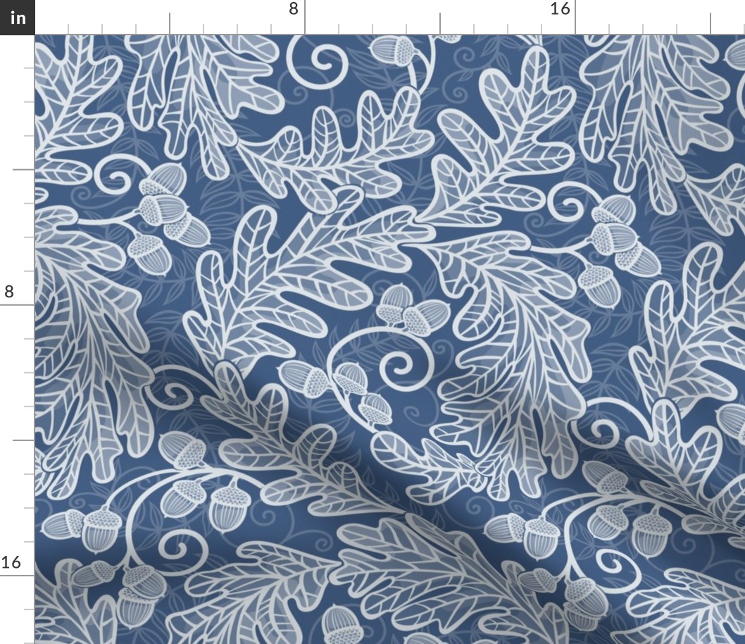 Autumnal Oak Leaves and Acorns- Victorian Fall- Thanksgiving Table Cloth-  William Morris Inspired Autumn- Arts and Crafts- Calming Blues- Monochromatic Navy Blue- Indigo Blue- Medium