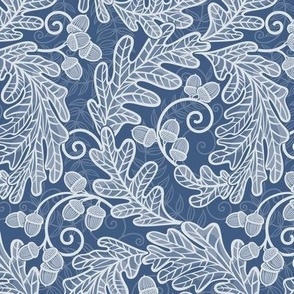 Autumnal Oak Leaves and Acorns- Victorian Fall- Thanksgiving Table Cloth-  William Morris Inspired Autumn- Arts and Crafts- Calming Blues- Monochromatic Navy Blue- Indigo Blue- Small