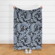 Autumnal Oak Leaves and Acorns- Victorian Fall- Thanksgiving Table Cloth-  William Morris Inspired Autumn- Arts and Crafts- Calming Blues- Moody Navy Blue on Black- Indigo Blue- Extra Large